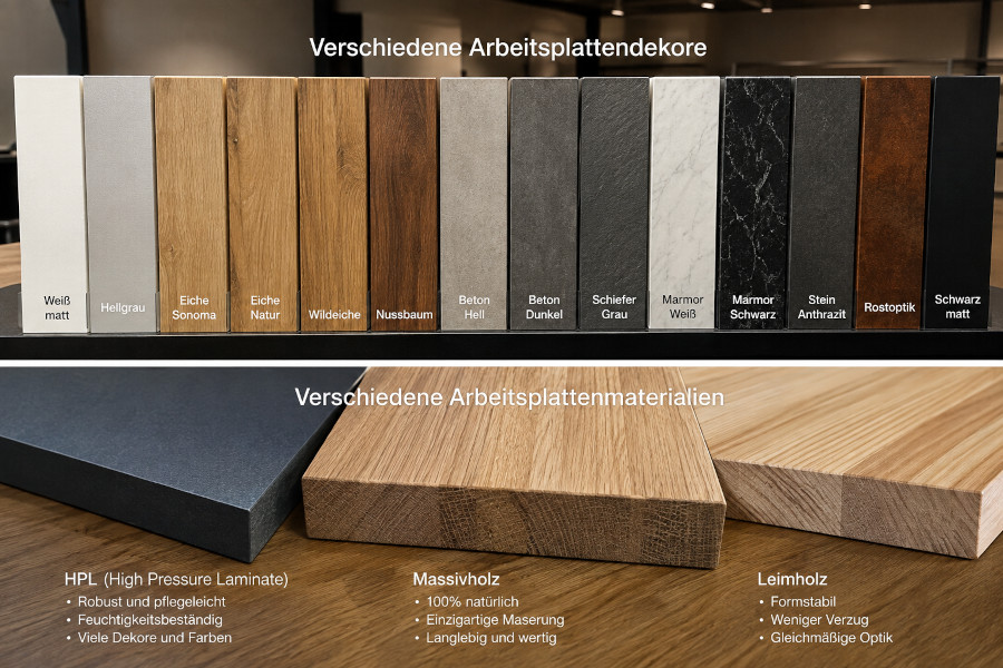 Übersicht mit hellen, dunklen und holzfarbenen Arbeitsplattendekoren sowie Materialmustern