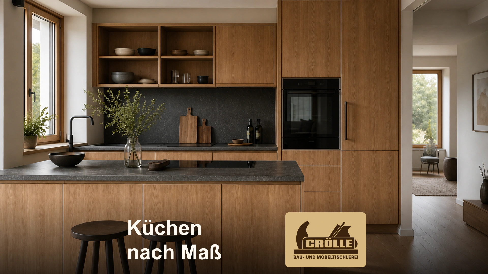 Einbauküche aus Holz mit dunkler Arbeitsplatte