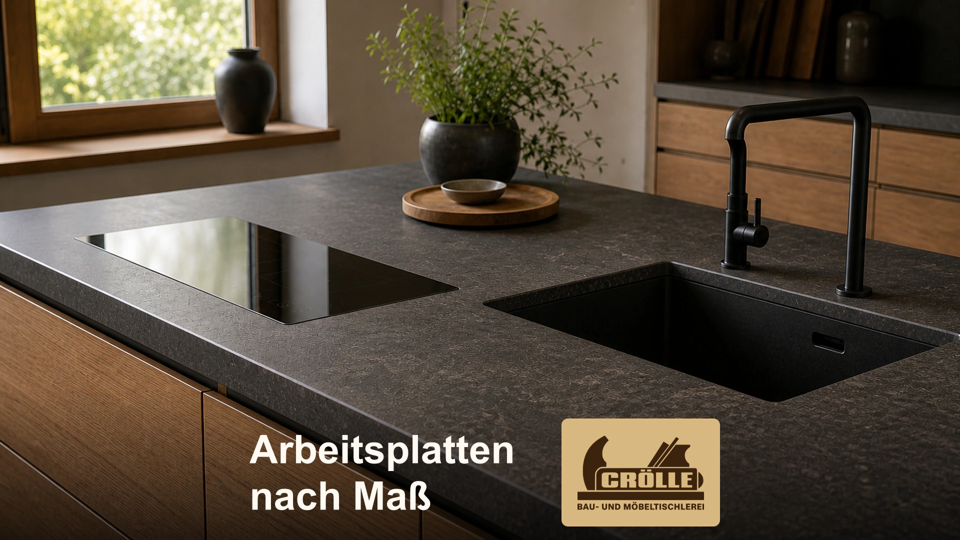 Dunkle Küchenarbeitsplatte mit Spüle und Kochfeld