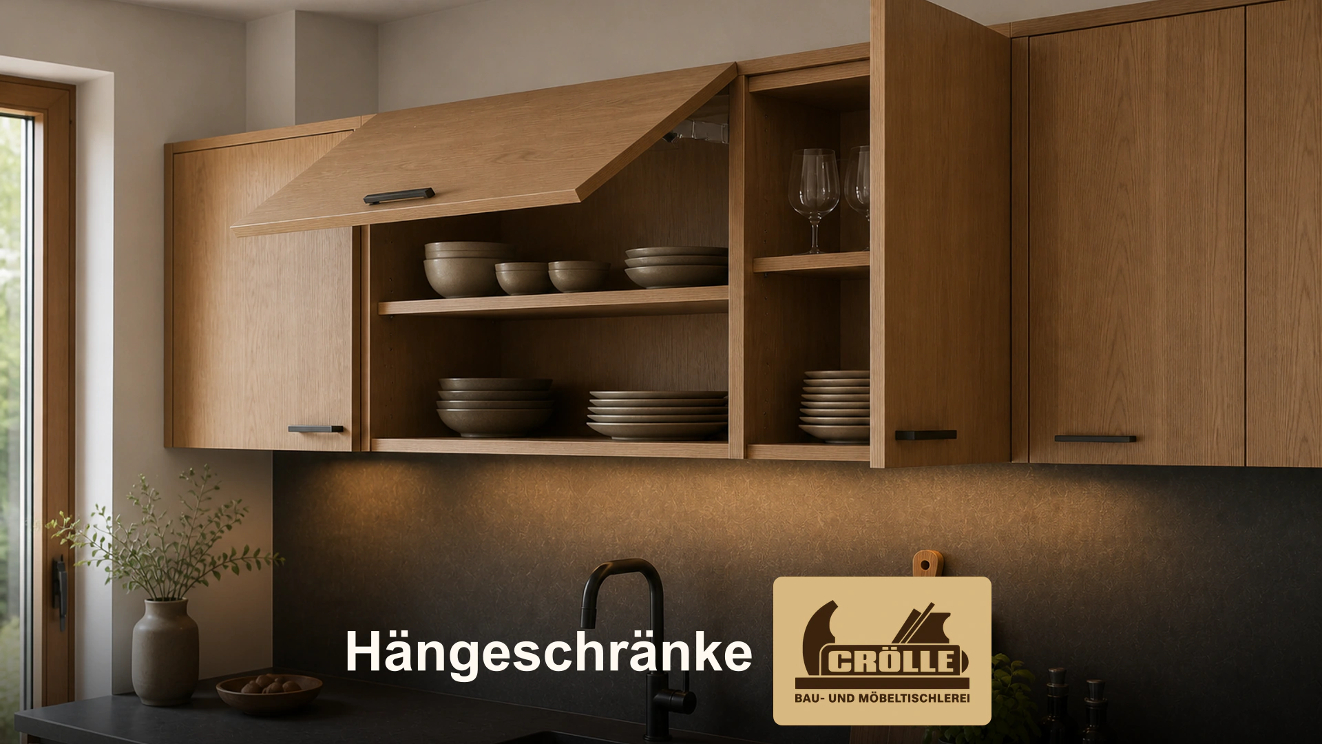 Hängeschränke aus Holz mit geöffneten Klappen