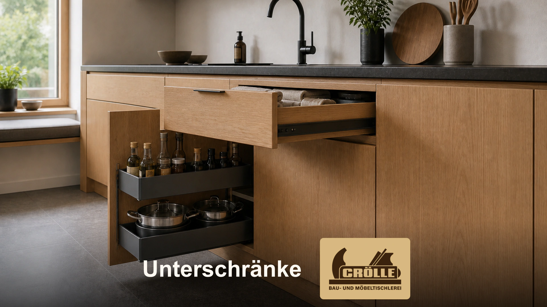 Unterschränke aus Holz mit geöffneten Auszügen
