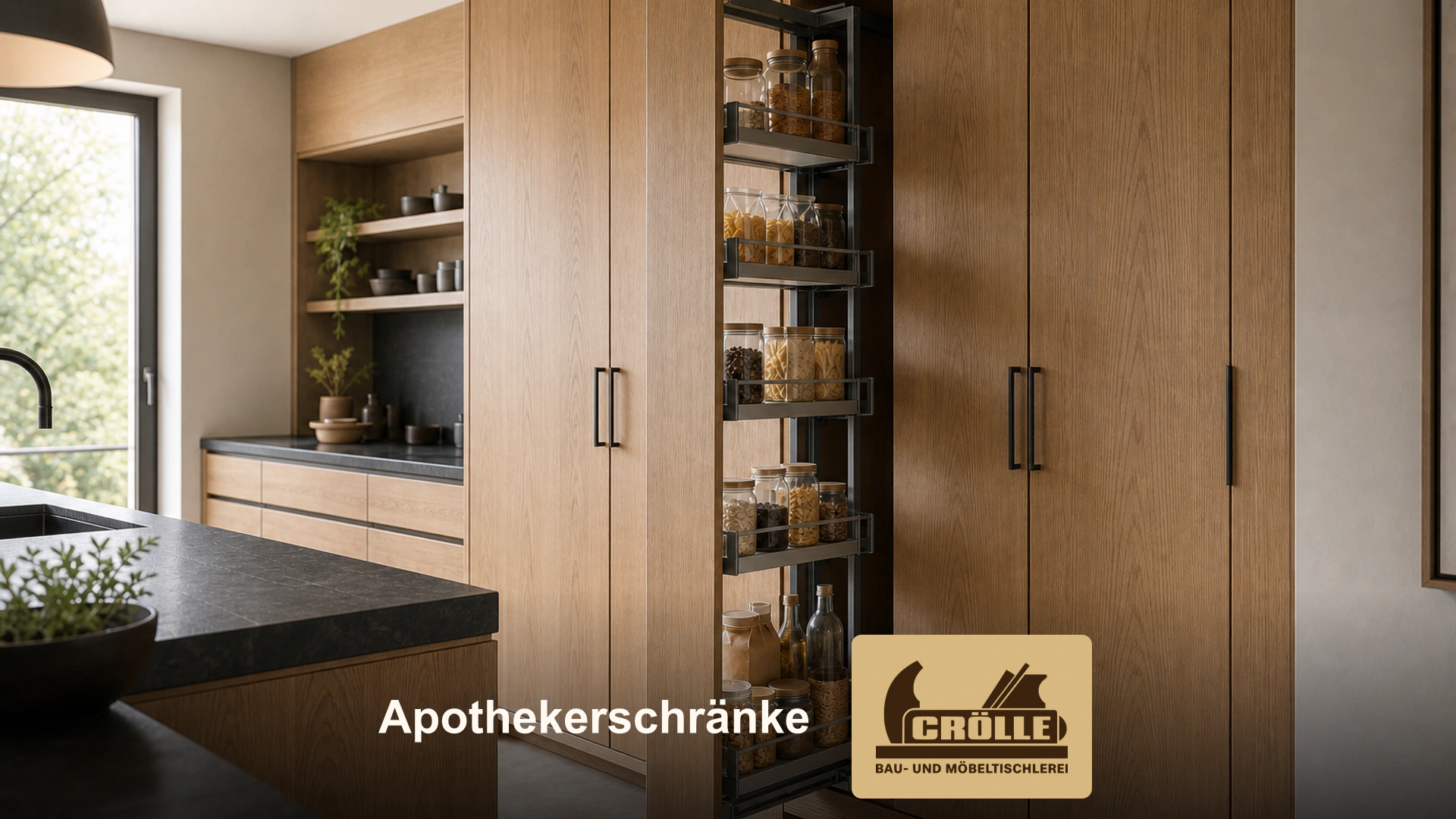 Ausziehbarer Apothekerschrank mit Vorratsgläsern in einer Holzküche